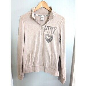 VS PINK VINTAGE 1/2 ZIP CREW SWEATSHIRT BEIGE DOG PUP HEART LOGO SMALL EUC